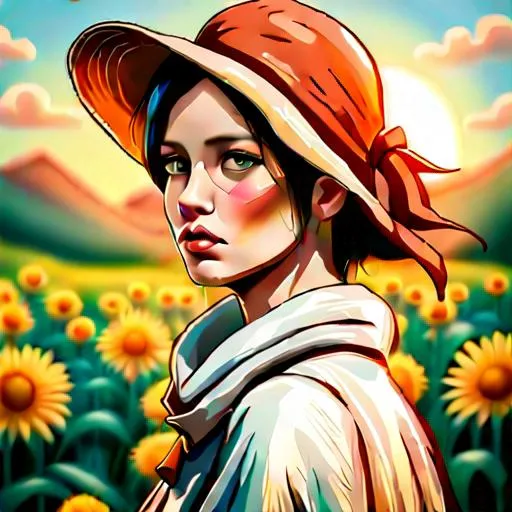 Prompt: An ethereal highly detailed painting of a very beautiful very poor 1920's migrant worker woman, tattered clothes, perfect complexion, gorgeous clean face,
straight auburn hair, award-winning,  Cinematic fantasy atmosphere, farm field, hot sun, cgi, artgerm