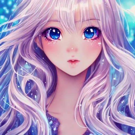 Prompt: kawaii anime beautiful girl, long blonde shimmering hair, facing forward, blue eyes, full lips

