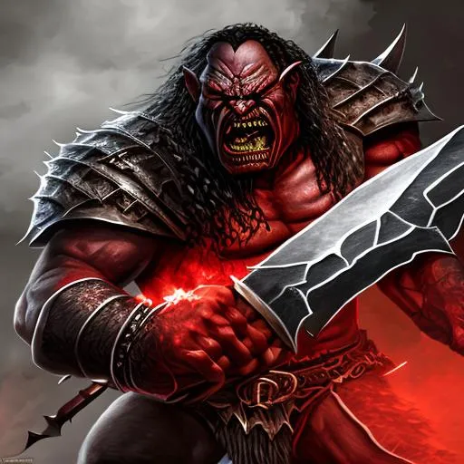 Prompt: enraged lord of the rings orc, monster like, black skin, red eyes, holding a battle axe, character design, full body portrait, leather armor, high detail, intricate detail, dramatic lightning, low angle
