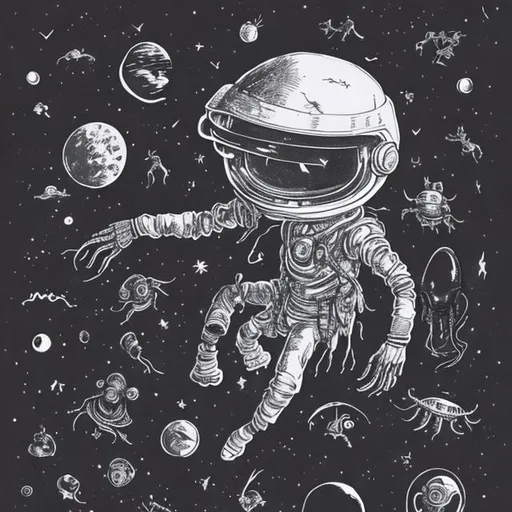 Prompt: Boy in the 90s draws aliens and astronauts with black ink