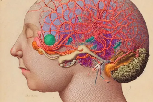 Prompt: A woman face with closed eyes, with an EEG cap headset electrodes,  electroncephalography, close-up, drawn by Ernst Haeckel, scientific colours 