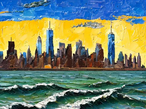 Prompt: Thick oil impasto York Skyline from 42nd Street Pier, thick oil impasto