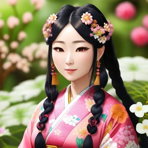 Prompt: close-up, A stunning Japanese woman with braided hair is standing in a miniature garden, surrounded by tiny flowers and plants. She is so large compared to her surroundings that the flowers look like small shrubs and the plants like miniature trees. The woman is dressed in a beautiful kimono, with delicate patterns and vibrant colors that catch the eye. Despite her size, she moves with grace and elegance, carefully avoiding stepping on any of the tiny flowers or plants. She bends down to inspect a tiny butterfly that has landed on a flower, her large hand almost enveloping the insect. The garden is so small compared to her that she feels like a giantess in a world of miniatures. The peacefulness of the garden fills her with a sense of calm and tranquility.




