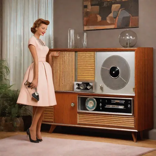 Prompt: 1950s midcentury modern retro-futuristic Hi-Fi console with 1950s woman standing next to it. Detailed, high quality