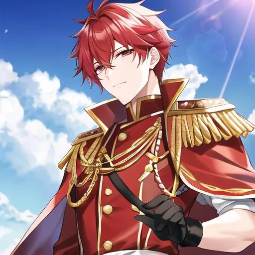 Prompt: Zerif male (Red half-shaved hair covering his right eye) 4k, wearing a royal uniform, hand over his chest bowing