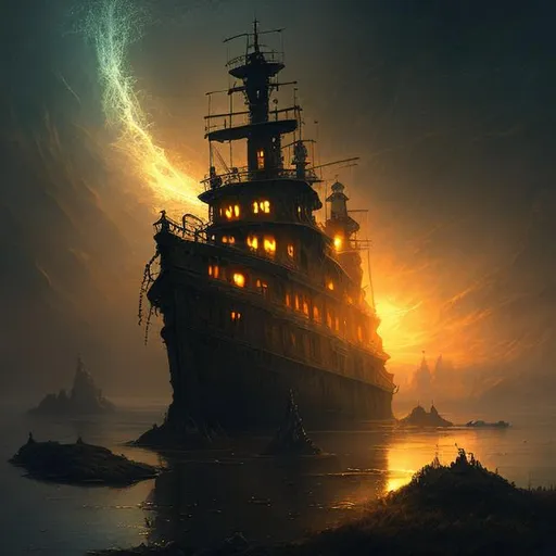 Prompt: Ghost ship, fantasy art, golden hour, gossamer, detailed, twilight, ethereal, noctilucent, ominous, flickering light