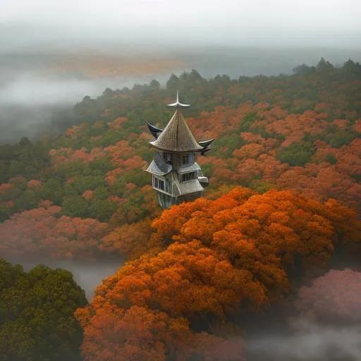 Prompt: surreal concept art of a strange winged cabin flying in an autumnal forest, foggy, gloomy, lots of details, intricate scene, correct, digital painting, fine tuned,  64k