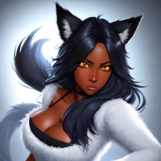 Prompt: Kitsune, Ice Skater, Monk, Black Hair, Gold Iris, Dark Skin, DnD, western, Unreal Engine, Young, Long Hair, Fox ears, Casual Clothes, Legendary, Female, Athletic, Modern, Beautiful eyes, Asian, Ebony Skin, Eye Enhance, Russian, full body, face enhance, anime, cleavage, Portrait, Adventurer