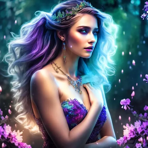 Prompt: HD 4k 3D 8k professional modeling photo hyper realistic beautiful mysterious woman ethereal greek goddess of Spring, Queen of the Underworld
green hair hazel eyes gorgeous face fair skin white shimmering dress jewelry tiara full body surrounded by magical glowing firelight hd landscape background of enchanting mystical flowers skulls fruit