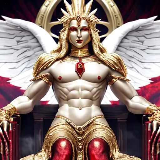 Prompt: gold skin, bleeding minerals, blood, red, god-like figure, diety, divine, evil, on a Throne, War captain