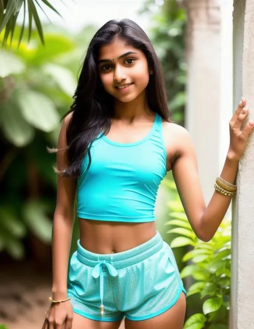 Prompt: professional photo of a petite indian 16-year-old in summer, wearing short tight tank top and tight short shorts, ,hyper realistic, full body, high-resolution, hyper-detailed face, full body shot, long legs, perfect body, high-resolution cute face, perfect proportions, makeup, highly detailed, intricate shining eyes, Elegant, ethereal, graceful, HDR, UHD, high res, 64k, studio lighting