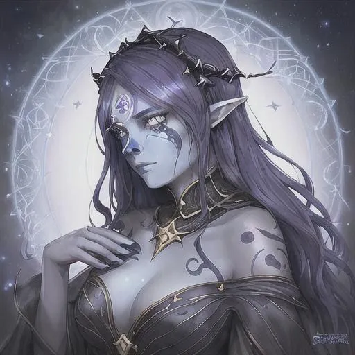 Prompt: A beautiful D&D Circle of Stars Druid, character portrait, dark fantasy, detailed, realistic face, digital portrait, fiverr dnd character. Of a beautiful Tiefling woman with blue skin, tattoos of star constellations on her face and hands, one eye pale blue, and the other eye dare black with an iris of a white cross. She is wearing a witch's robe and Hat with the underside of the Hat having a star constellation on it. Leather armor and Amethyst Cloak A dazzling purple and black sewed cloak studded with amethyst gems.