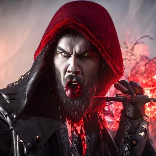 Prompt: Strong Male Vampire with Blood Dripping from his mouth, by Ivan Shishkin, by Kim Tschang Yeul, by Ko Young Hoon, by Lee Man Fong, by Lemma Guya, Octane render, Ultra-Realistic, Midnight Mass, Rustic, Necromancy, Occult, Demon, Ancient vampire, Holding a Skull, Blackened Bone, Red Eyes, Claws, Fangs, Red and Black Contrast, Film Quality, Beautiful, Horror, Dark Fantasy, 845254, 8K Resolution, Photo Real, dynamic Lighting, Uncanny Valley, Powerful and Violent, Savage and Ferocious, In the style of Tim Bradstreet