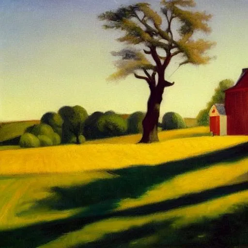 Prompt: Farmhouse in a cornfield with a tall oak tree beside it. Late afternoon. Shadows on ground. Edward Hopper style painting.
