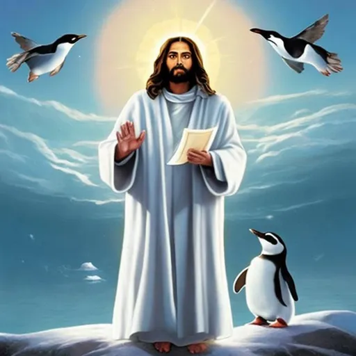 Prompt: actual photo of penguin jesus, surprise me