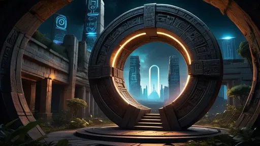 Prompt: magical portal between cities realms worlds kingdoms, circular portal, ring standing on edge, upright ring, freestanding ring, hieroglyphs on ring, complete ring, ancient babylonian architecture, gardens, ruins, turned sideways view, futuristic cyberpunk tech-noir setting, dark night