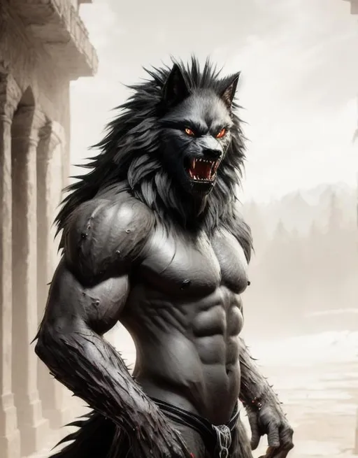 Prompt: highly detailed digital drawing of a werewolf 16k Unreal Engine splash art bloody mouth sharp teeth green glowing eyes on the back a spiked comb long black claws scars on the body muscular body black shiny gray fur in the right claw he holds a severed head that looks like Abdullah Öcalan