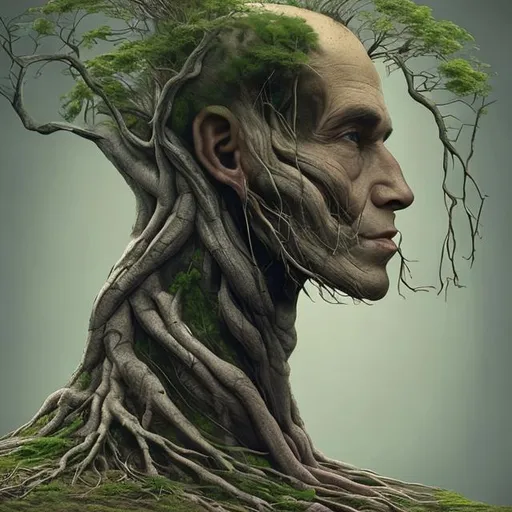 Prompt: Create concept art of tree roots growing from human neck and trunk growing from human ears.