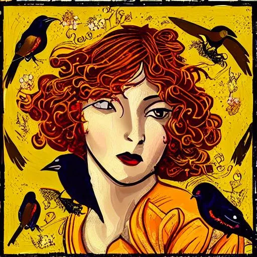 Prompt: auburn haired woman golden dress planting flowers with blackbirds black bird medieval madonna hibiscus art deco