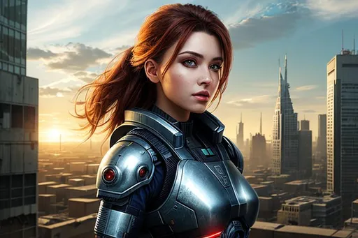 Prompt: Beautiful female semi-cyborg in post apocalyptic cityscape