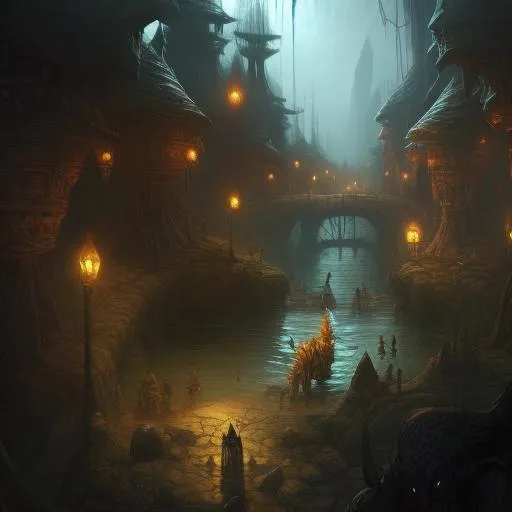 Prompt: fantasy, concept art, painting, underdark, tribal architecture, sprawling city, underground river