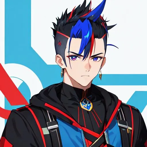 Prompt: Aster, 1 male. intimidating, blue and red with black highlights mohawk