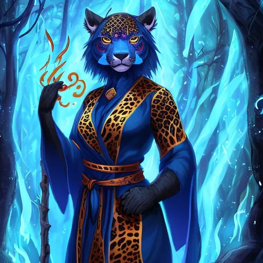Prompt: black anthro female jaguar mage dressed blue robe in magic forest with fireflys
