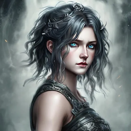Prompt: Medium haircut
Dark gray hair
Ocean blue eyes
Empire
Warrior
Queen
Female
Mid 20s age
Queen clothes