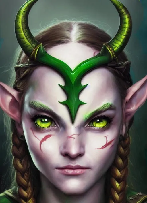 Portrait of a young elven female ranger with green... | OpenArt