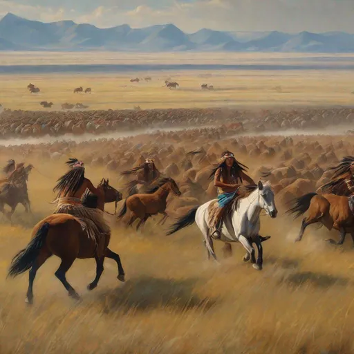 Prompt: feathered native Americans riding horses chasing thousands of buffalo in the background 