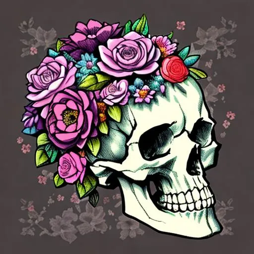 Prompt: Skull and flowers in pastel colors