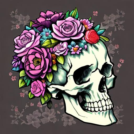 Skull and flowers in pastel colors