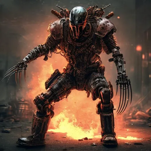 Prompt: Redesigned Gritty cybernetic futuristic military exo-skeletal metal tarnished copper detailed armour. dark evil nazi-wolverine. Bloody. Hurt. Damaged mask. Accurate. realistic. evil eyes. Slow exposure. Detailed. Dirty. Dark and gritty. Post-apocalyptic Neo Tokyo with fire and smoke .Futuristic. Shadows. Sinister. Armed. Fanatic. Intense. 