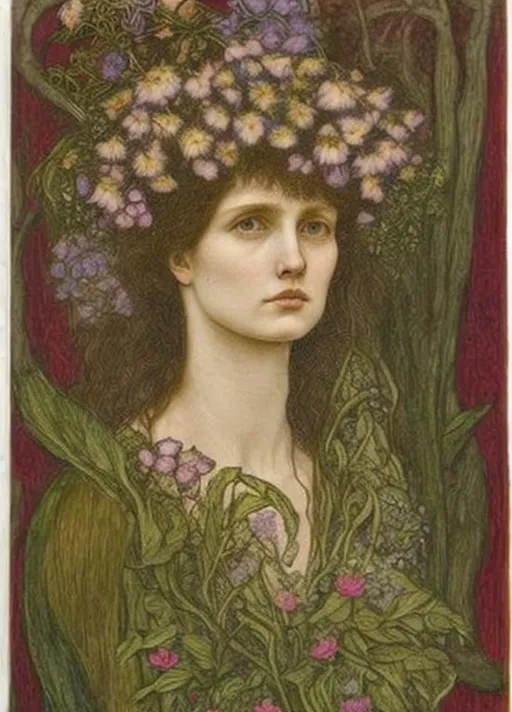 Prompt: portrait of woman in the style of Edward Burne-Jones, with Australian wild-flowers in her hair