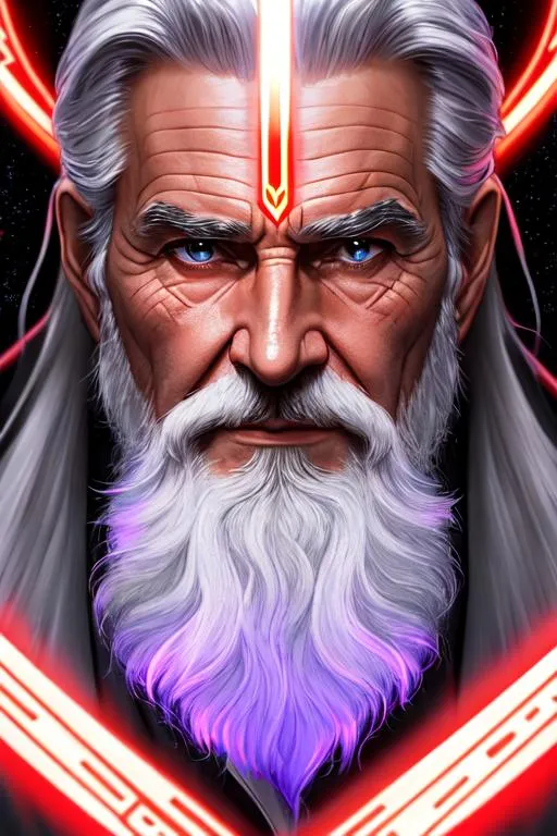 Prompt: POV portrait of a master sorcerer with a red luxury and magical sorcerer robe with intricate, He has long and wrinkle face, long beard with symmetric braids, grayish silver hair, shiny blue eyes, multiple dragon shape flashing in sky, [Harrison Ford:Sean Connery:0.5] ultra detailed, UHD 8k, The artwork by Amano Yoshitaka and Chris Foss