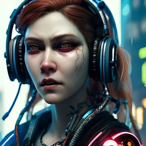 Prompt: hyper realistic extremely detailed very close up cyberpunk woman.
She has red hair, headphones, red eyes.
