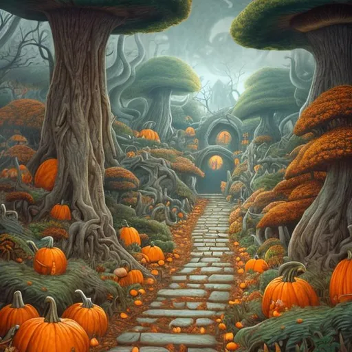 Prompt: Detailed illustrated masterpiece. Autumn scene of a path leading to a tall, shadowy creature. Along the path are pumpkins, mushrooms, and strange trees. 

Perfect composition. 