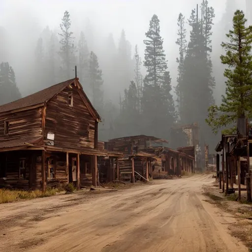 Prompt: frontier town, ghost town, abandoned, logging town, mountains, pine forest, foggy, gloomy, wild west, mud, mudslide, damaged