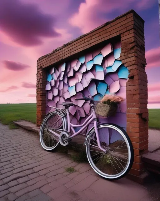 Prompt: A surreal dreamscape blending real world elements into abstract forms, with a crumbling brick wall transforming into a wave-like pattern, an old bicycle melted and twisted into a metallic flower shape, clouds forming geometric cubes in a purplish sky. Shot with a Fujifilm X-T4 mirrorless and 10-24mm ultra-wide angle lens. Uplifting pastel colors, softly blurred. 