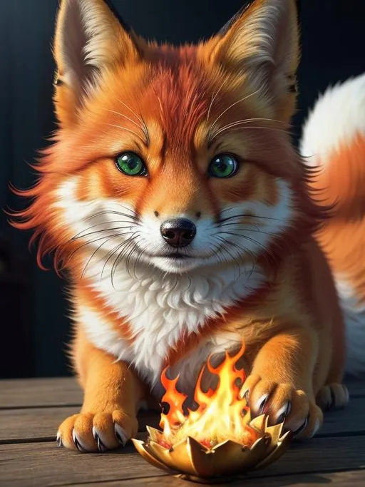 Prompt: masterpiece, professional oil painting, hyper real, photo realism, 64k, best quality, tiny scarlet ((fox kit)), (canine quadruped), fire elemental, silky golden-red fur, highly detailed fur, realistic, timid, ((insanely detailed alert emerald green eyes, sharp focus eyes)), sharp details, gorgeous 8k eyes, insanely beautiful, extremely beautiful, fluffy glistening gold neck ruff, energetic, two tails, (plump), fluffy chest, enchanted, magical, finely detailed fur, hyper detailed fur, (soft silky insanely detailed fur), presenting magical jewel, beaming sunlight, lying in flowery meadow, professional, symmetric, golden ratio, unreal engine, depth, volumetric lighting, rich oil medium, (brilliant dawn), full body focus, beautifully detailed background, cinematic, 64K, UHD, intricate detail, high quality, high detail, masterpiece, intricate facial detail, high quality, detailed face, intricate quality, intricate eye detail, highly detailed, high resolution scan, intricate detailed, highly detailed face, very detailed, high resolution