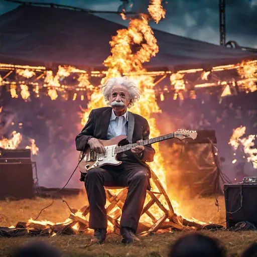 Prompt: A Alfred Einstein playing the electric guitar on fire on the pyramid stage at Glastonbury in 2023. High definition. Lens flare.