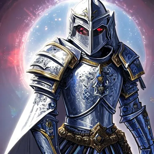 Prompt: Knight shining platinum white armor, with a helmet, and a chest piece that has a huge blue sapphire embedded in the middle over the chest. the armor itself is radiating with a pure and divine light. He is also adorned with a crimson-red cape with gold accents attached around his left shoulder; as well as a draped coat tail from the hips of his armor at ankle length.