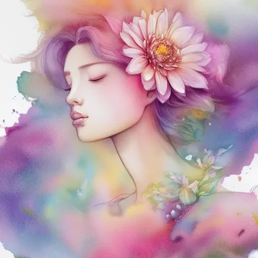 Prompt: flower, Heaven, female, nature hair, fade, buffed, Lifegiver, beautiful,  bright,  god-like figure, serene, pastel color, watercolor,