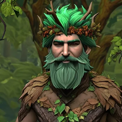 Prompt: male leaf druid with treebark skin, green hair, green beard, and covered in ivy