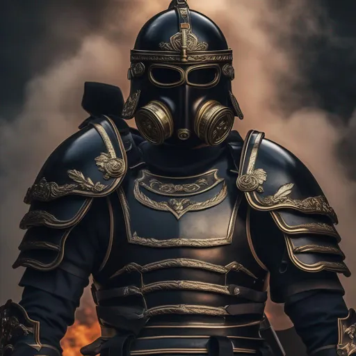 Prompt: A modern roman military male in black military armor galea helmet of roman armor, and gas mask, background war battle, Hyperrealistic, sharp focus, Professional, UHD, HDR, 8K, Render, electronic, dramatic, vivid, pressure, stress, nervous vibe, loud, tension, traumatic, dark, cataclysmic, violent, fighting, Epic