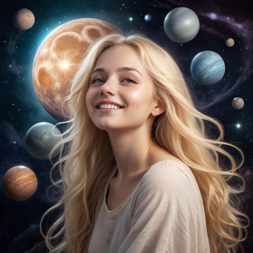 Fantasy illustration of a young woman on the moon serene and friendly surrounded by distant planet