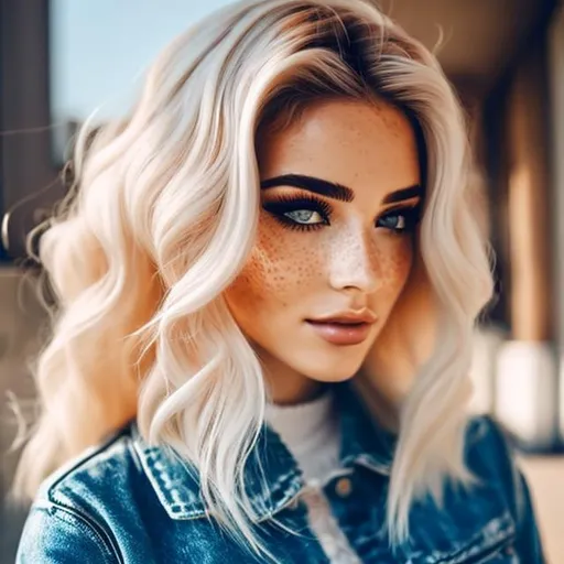 Prompt: blonde hair with highlights, freckles, transparent clothing, Vintage aesthetic, 
