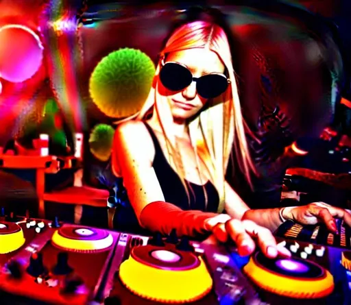 Prompt: blonde girl wearing sunglasses, making music, dj soundboard, dj kit, dim lights, djing, dim light, realism, 4k, in focus