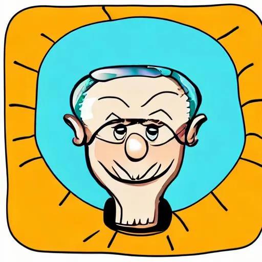 Prompt: cartoon, innovation, bulb above head. old, elderly man, happy, big eyes, big nose