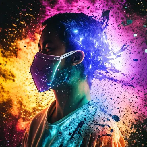 Prompt: A person removing the mask, satisfying art, randomizing, splash!, galaxy background with led lights